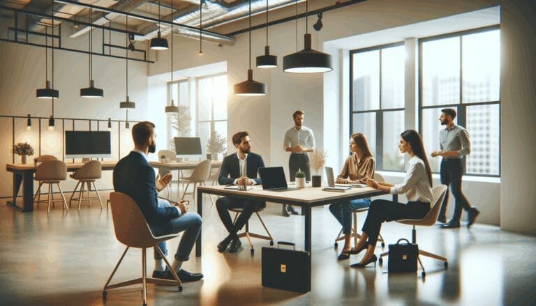 Reunión de emprendedores en un espacio de coworking moderno