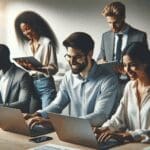 Equipo de emprendedores trabajando en laptops dentro de un espacio moderno de coworking