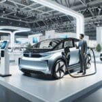 Innovadores vehículos eléctricos en exhibición dentro de una feria tecnológica moderna