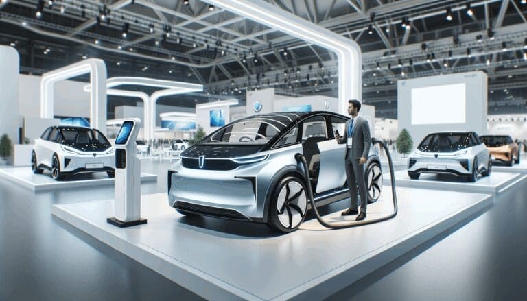Innovadores vehículos eléctricos en exhibición dentro de una feria tecnológica moderna