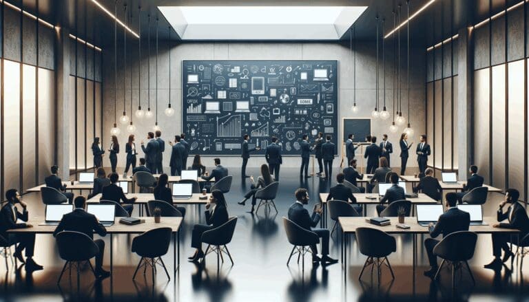 Emprendedores reunidos en un espacio moderno con pizarras digitales y laptops encendidas