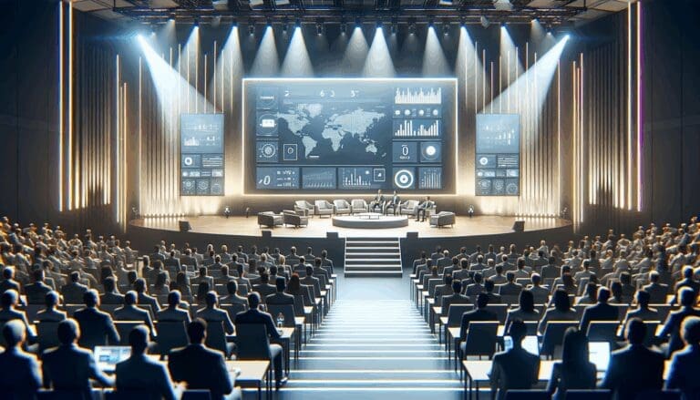 Auditorio lleno en un evento tecnológico con luces modernas y ponencias en curso