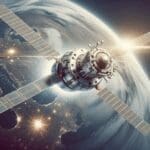 Ilustración de una nave espacial realizando maniobras orbitales sobre la Tierra desde el espacio