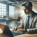 Persona usando una laptop en un entorno moderno de oficina, con interfaz tecnológica en pantalla