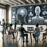 Oficina moderna con personas interactuando frente a pantallas con gráficos de inteligencia artificial