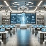 Sala tecnológica con drones autónomos y pantallas de inteligencia artificial en operación