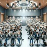 Auditorio moderno lleno de emprendedores durante un evento de startups