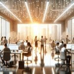 Oficinas luminosas con desarrolladores trabajando en inteligencia artificial