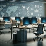 Oficina tecnológica moderna con escritorios vacíos y computadores encendidos