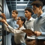 Equipo de ingenieros revisando paneles eléctricos en una sala de servidores moderna