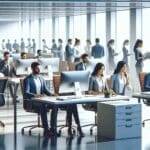 Oficina tecnológica con empleados trabajando frente a computadoras