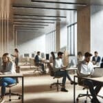 Interior moderno de oficina de coworking con emprendedores trabajando en laptops