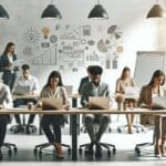 Equipo emprendedor trabajando en una oficina moderna con laptops y pizarra blanca al fondo