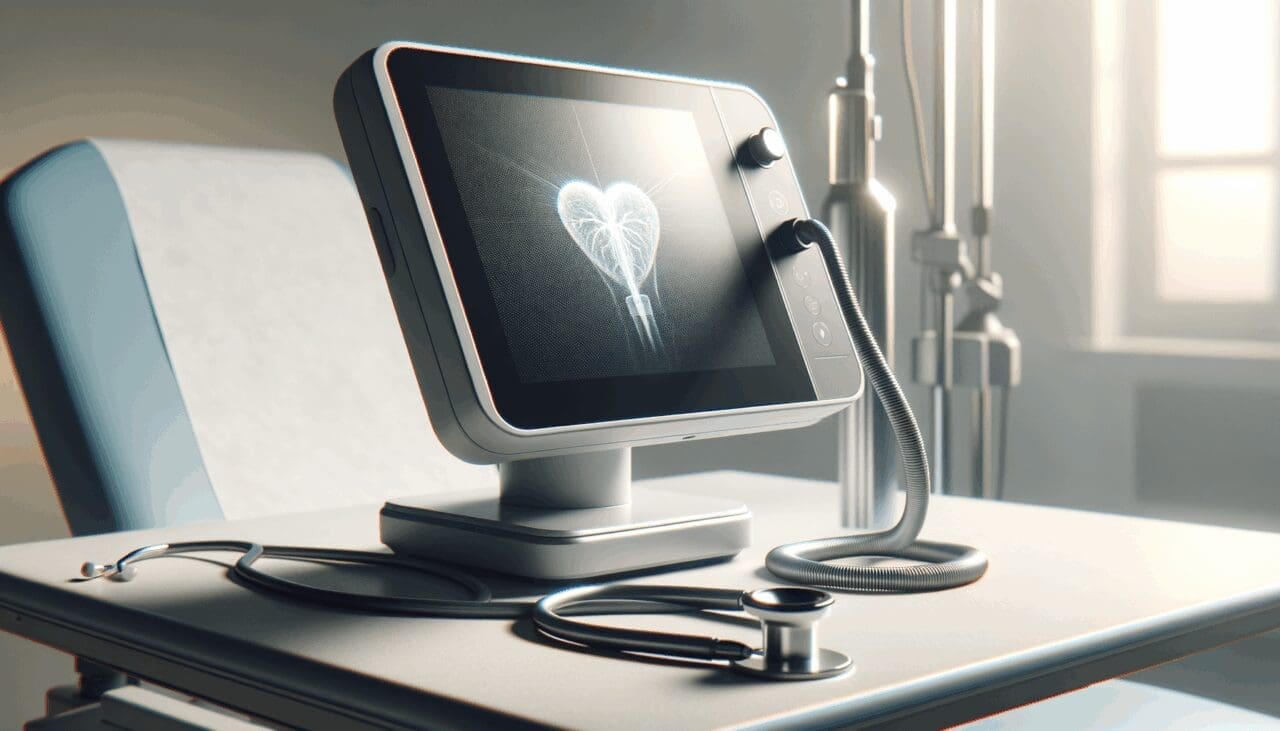 Primer plano de un dispositivo tecnológico moderno sobre una mesa médica