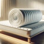 Primer plano de un innovador colchón enrollado sobre una cama en un dormitorio moderno y luminoso