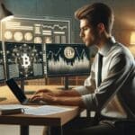 Joven emprendedor trabajando frente a múltiples pantallas con gráficos de criptomonedas