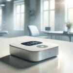 Dispositivo tecnológico pequeño y moderno sobre una mesa blanca en un entorno clínico