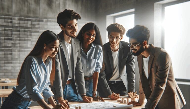 Grupo diverso de jóvenes emprendedores colaborando en un espacio de trabajo moderno