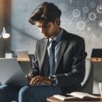 Emprendedor joven usando su laptop en una oficina moderna con fondo tecnológico