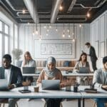 Grupo diverso de emprendedores en un espacio de coworking moderno con laptops y pizarras