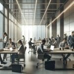 Espacio de coworking moderno con emprendedores colaborando en sus laptops