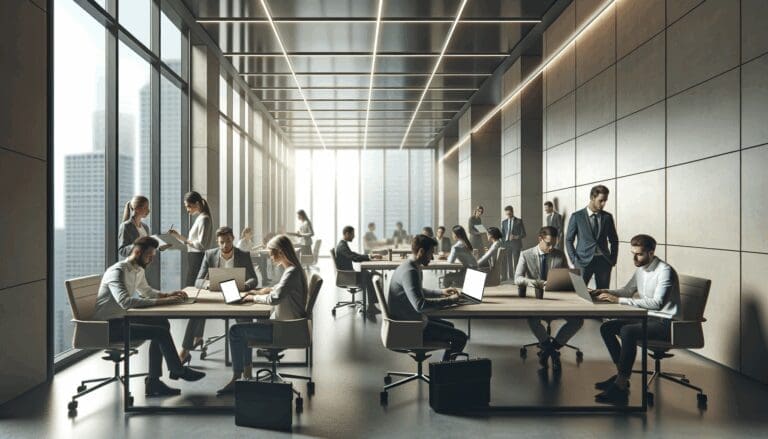 Espacio de coworking moderno con emprendedores colaborando en sus laptops