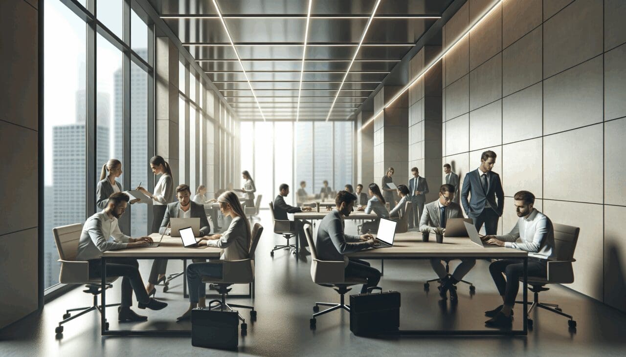 Espacio de coworking moderno con emprendedores colaborando en sus laptops