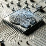 Primer plano de un circuito tecnológico con estructura neuronal superpuesta en estilo futurista