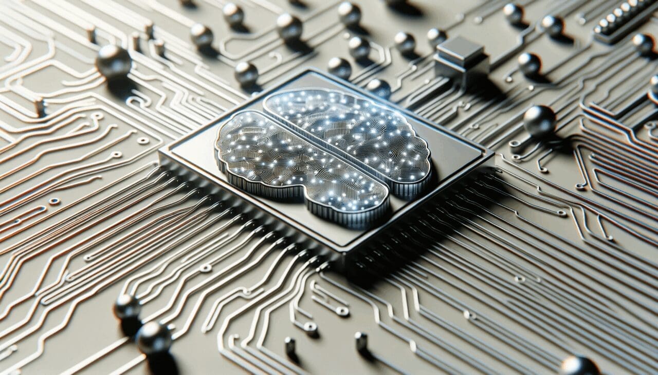 Primer plano de un circuito tecnológico con estructura neuronal superpuesta en estilo futurista
