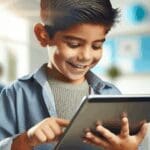 Niño utilizando una tablet educativa en un entorno amigable y luminoso