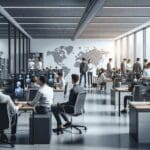 Oficinas modernas con equipos de desarrolladores trabajando en inteligencia artificial