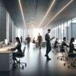 Oficinas modernas con empleados colaborando, ambiente tecnológico e internacional