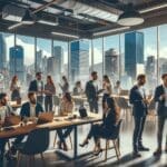 Emprendedores reunidos en un espacio de coworking moderno con vista urbana de Medellín