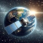 Satélite en órbita sobre la Tierra con fondo estrellado y luz solar