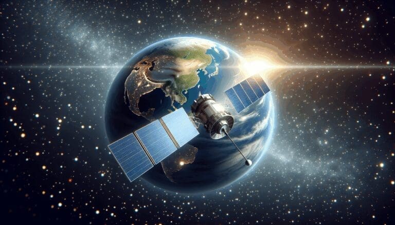 Satélite en órbita sobre la Tierra con fondo estrellado y luz solar