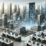 Vista moderna de una ciudad con rascacielos tecnológicos y espacios de trabajo colaborativo