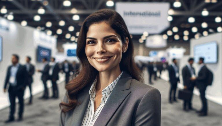 Retrato de una emprendedora latina sonriente en un evento tecnológico internacional