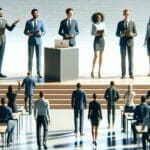 Emprendedores presentando en un escenario moderno durante una conferencia tecnológica