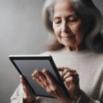 Primer plano de una persona mayor usando una tableta con una interfaz sencilla