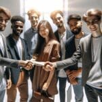 Jóvenes emprendedores estrechando manos en una cumbre tecnológica internacional