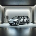 Interior minimalista de un auto eléctrico en un entorno futurista