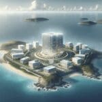 Vista aérea de una isla con paisaje costero y centro de innovación moderno