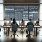 Oficina moderna con empleados revisando datos financieros en pantallas digitales