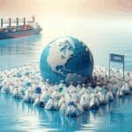 Red de recolección de plástico flotante en mar abierto con una embarcación de fondo