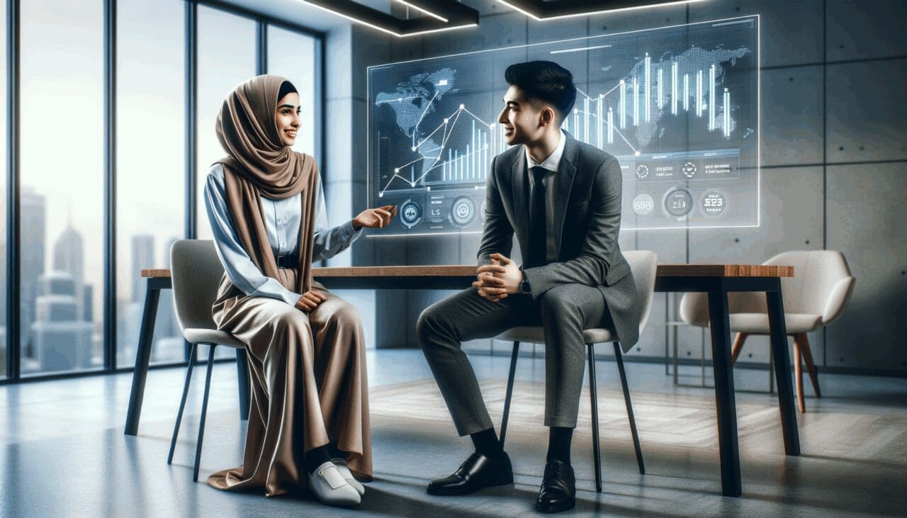 Dos jóvenes emprendedores conversan frente a una pantalla con gráficos en una oficina moderna