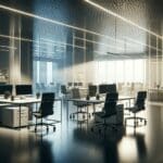Oficinas modernas vacías con luz tenue y sillas desocupadas en un entorno tecnológico