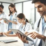 Equipo médico en una sala de descanso, usando una aplicación en una tablet