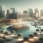 Paisaje urbano con lago y arquitectura moderna en entorno natural