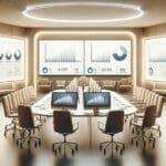 Sala de reuniones en una oficina moderna, con computadoras y gráficos en pantallas