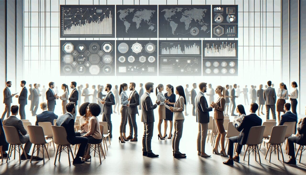 Personas conectando ideas en un evento tecnológico con pantallas y gráficos de datos